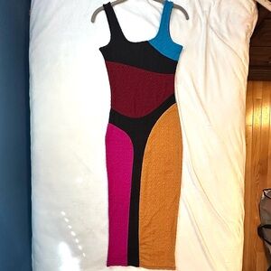 Miroh Colorblock Bodycon Retro Crinkle Textured Stretch Tank Midi Dress S chic